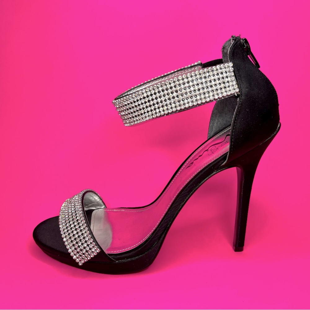 Black Satin Heels with RHINESTONES!